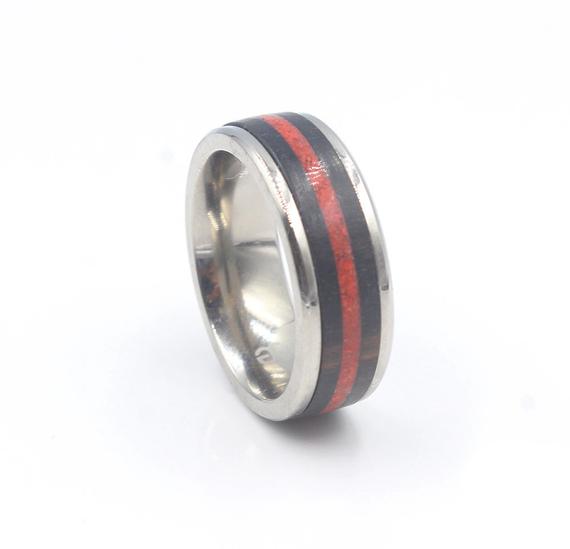 Men's Ring, Titanium Ring, Black Arang Wood And Red Jasper Ring, Wood Inlay Ring, Men's Titanium Ring, Triple Inlay Titanium Ring