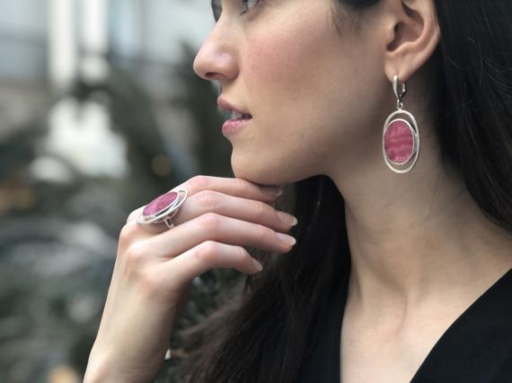 Rhodochrosite Earrings, Flat Stone Earrings, Statement Earrings, Pink Stone Earrings, Large Pink Earrings, Solid Stone, 925 Silver Earrings