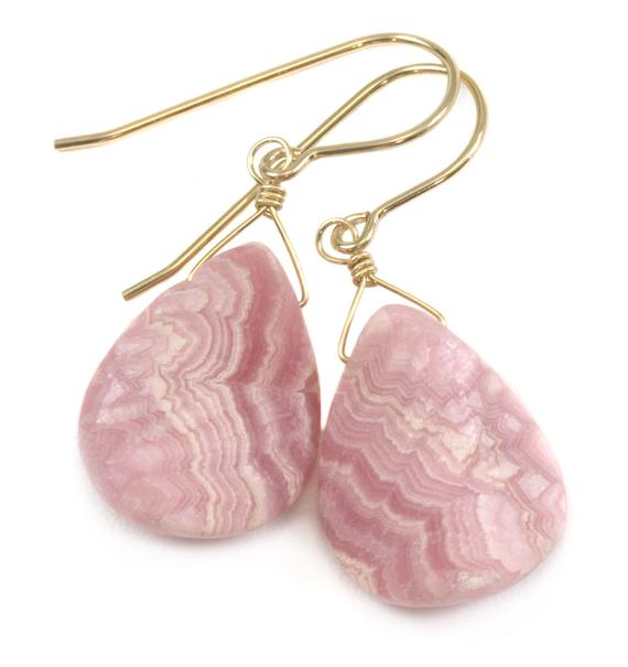 Pink Rhodochrosite Earrings Smooth Natural Teardrop Heart Shaped Sterling Silver Or 14k Solid Gold Or Filled Natural Earthy Pink Simple Drop