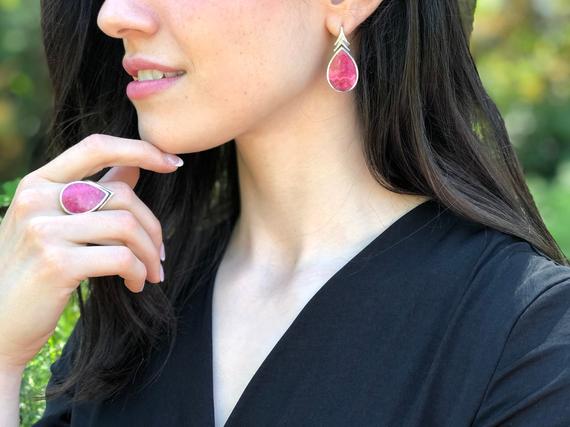 Rhodochrosite Earrings, Raspberry Pink Earrings, Vintage Earrings, Teardrop Earrings, Leaf Earrings, Long Earrings, Solid Silver Earrings