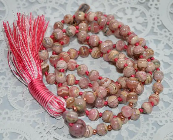 Aaa Grade Rhodochrosite Knotted Mala Bead Fnecklace Or Heart Chakra, Unconditional Love, Rhodochrosite Jewelry, Self-worth, Emotional Stress