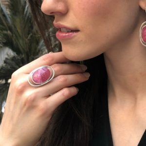 Shop Rhodochrosite Rings! Rhodochrosite Ring, Large Pink Ring, Flat Stone Ring, Solid Stone Ring, Pink Statement Ring, Solid Silver Ring, Natural Rhodochrosite | Natural genuine Rhodochrosite rings, simple unique handcrafted gemstone rings. #rings #jewelry #shopping #gift #handmade #fashion #style #affiliate #ad