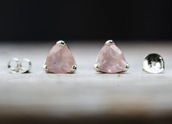 Rose Quartz Stud Earrings - Rose Quartz 9x9 Trillion Stud Earrings - Rose Quartz Jewelry - Pink Gemstone Earrings Rose Quartz Post Earrings
