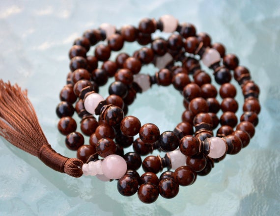 Rose Quartz Mala Beads, Mahogany Obsidian Healing Jewelry, Buddhist Necklace, Knotted Prayer Beads Japa Mala For Healing Detox Stress Relief