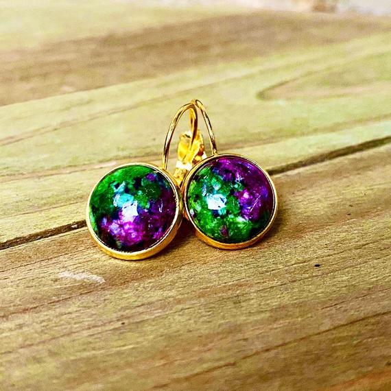 Ruby Zoisite Gemstone Earrings, Gold, Lever-back, Semi-precious Stone, 12mm, Round, Lever-back, Green & Red Gemstone, Usa, Handmade