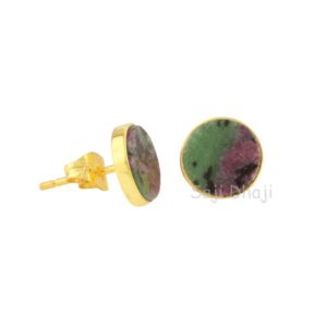 Shop Ruby Zoisite Earrings! Ruby Zoisite Gemstone Stud Earrings, 9mm 925 Sterling Silver Gold Plated Tops Stud Earrings, Dainty Earring, Engagement Gifted For Her | Natural genuine Ruby Zoisite earrings. Buy handcrafted artisan wedding jewelry.  Unique handmade bridal jewelry gift ideas. #jewelry #beadedearrings #gift #crystaljewelry #shopping #handmadejewelry #wedding #bridal #earrings #affiliate #ad