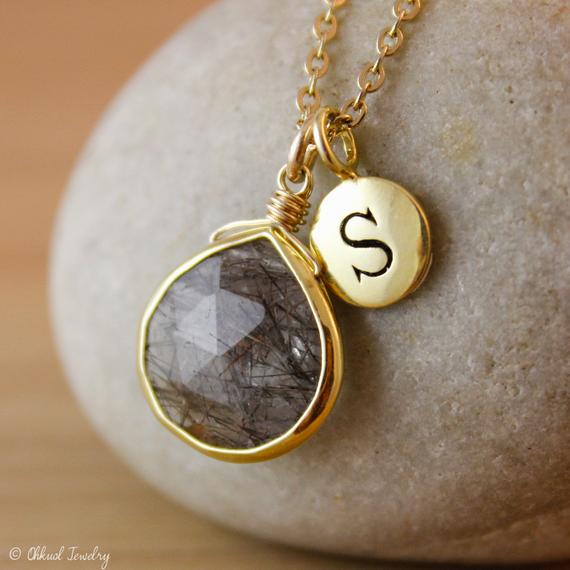 Black Rutile Quartz Necklace - Stamped Letter Necklace, Grounding Crystal Pendant