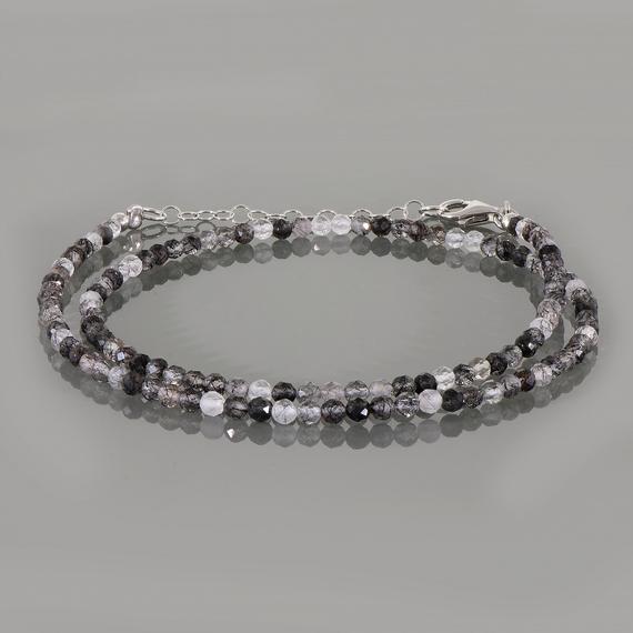 Sparkling Black Rutile Quartz Round Gemstone Beads Necklace, Sri Lankan Black Rutile Quartz, 18" Long Faceted Beaded Necklace Jewelry, Gift