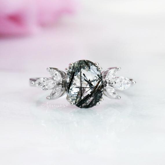 Eva Black Rutilated Quartz Ring- Sterling Silver Ring- Natural Quartz Ring- April Birthstone- Vintage Oval Ring- Anniversary Gift For Her