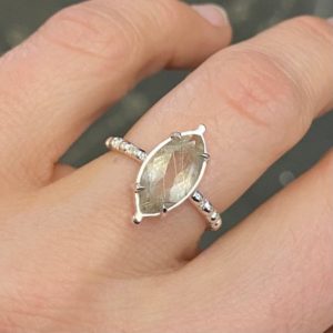 Shop Rutilated Quartz Rings! Rutile Quartz and Vintage Sterling Silver Milgrain Band Ring, Diamond Shape Stone Ring, Handmade Marquise Gemstone Prong Setting | Natural genuine Rutilated Quartz rings, simple unique handcrafted gemstone rings. #rings #jewelry #shopping #gift #handmade #fashion #style #affiliate #ad