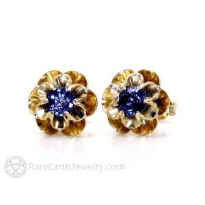 Shop Sapphire Earrings! Blue Sapphire Earrings 14K Sapphire Stud Earrings Floral Buttercup Flower Posts September Birthstone | Natural genuine Sapphire earrings. Buy crystal jewelry, handmade handcrafted artisan jewelry for women.  Unique handmade gift ideas. #jewelry #beadedearrings #beadedjewelry #gift #shopping #handmadejewelry #fashion #style #product #earrings #affiliate #ad