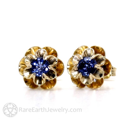 Blue Sapphire Earrings 14k Sapphire Stud Earrings Floral Buttercup Flower Posts September Birthstone