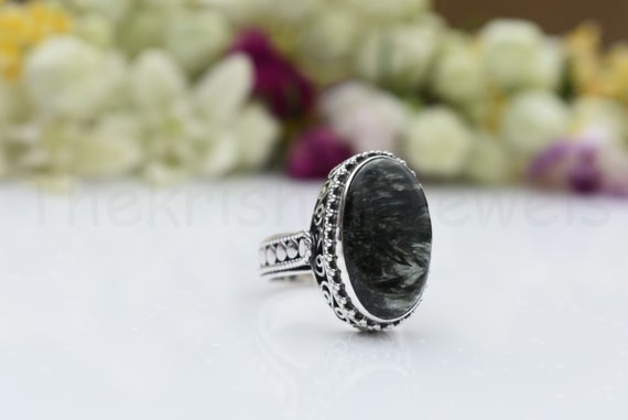 Seraphinite Stone Ring, Sterling Silver Ring, Long Oval Gemstone Ring, Statement Ring, Cabochon Gemstone, Silver Band Ring, Gift Ring, Boho
