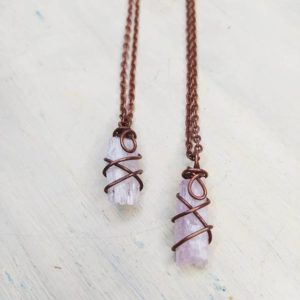 Shop Kunzite Necklaces! Small raw Kunzite necklace pendant, Pink Kunzite in Copper, Kunzite jewelry | Natural genuine Kunzite necklaces. Buy crystal jewelry, handmade handcrafted artisan jewelry for women.  Unique handmade gift ideas. #jewelry #beadednecklaces #beadedjewelry #gift #shopping #handmadejewelry #fashion #style #product #necklaces #affiliate #ad