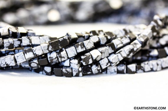 S/ Snowflake Obsidian 4x4 Cube Beads 16" Strand Natural Black And White Gemstone Obsidian Beads Small Cube For Jewelry Making.