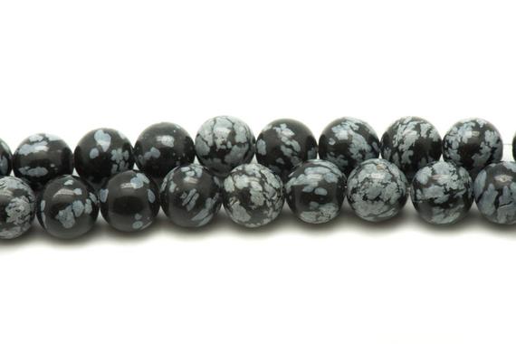 Fil 39cm 37pc Env - Perles De Pierre - Obsidienne Flocon De Neige Mouchetée Boules 10mm