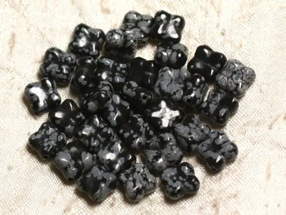 Fil 39cm 34pc Env - Perles De Pierre - Obsidienne Flocon Mouchetée Fleur Trèfle 4 Feuilles 9-10mm