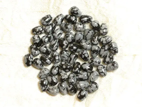 Fil 39cm 51pc Env - Perles De Pierre - Obsidienne Flocon Mouchetée Gouttes 7x5mm