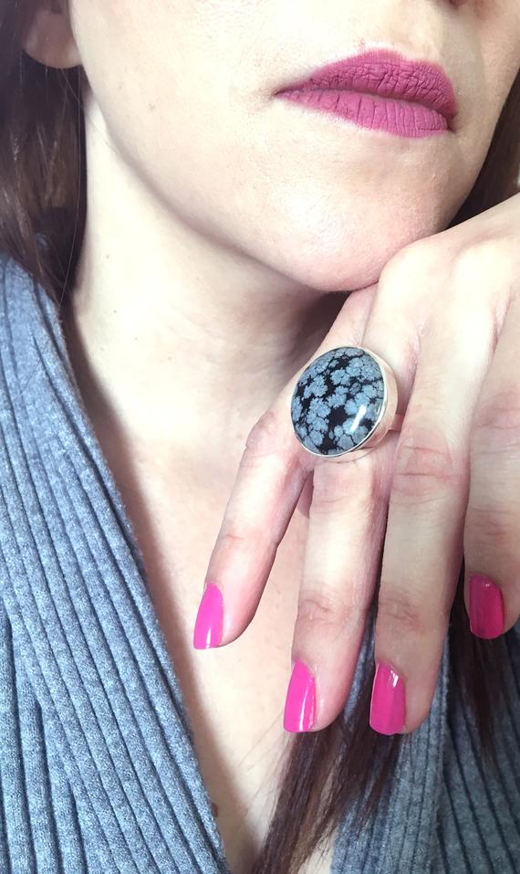 Snowflake Obsidian Ring, Large Gemstone Ring, Crystal Cocktail Ring, Solitaire Ring, Minimal Ring, Silver Obsidian Ring