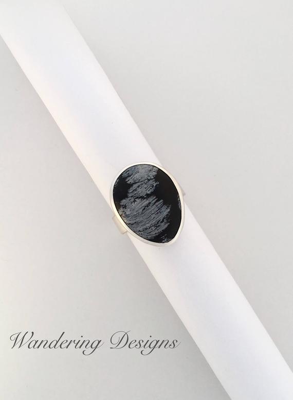 Snowflake Obsidian Ring, Size 6, Sterling Silver, Statement Ring, Silversmith, Handmade, Wandering Designs, Art Jewelry, Gemstone Ring