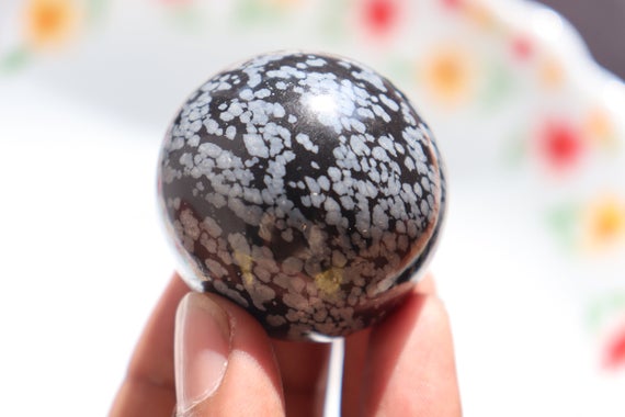 Snowflake Obsidian Crystal Ball Sphere, Base & Solar Plexus Chakras Healing Stone Sphere,  Groundingsnowflake Obsidian Polished Crystal.