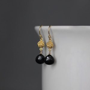 Shop Spinel Earrings! Black Spinel Earrings – Gold Flower Earrings – Black and Gold Earrings – Black Gemstone Earrings | Natural genuine Spinel earrings. Buy crystal jewelry, handmade handcrafted artisan jewelry for women.  Unique handmade gift ideas. #jewelry #beadedearrings #beadedjewelry #gift #shopping #handmadejewelry #fashion #style #product #earrings #affiliate #ad