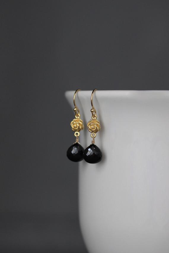Black Spinel Earrings - Gold Flower Earrings - Black And Gold Earrings - Black Gemstone Earrings - Gold Dangle Earrings