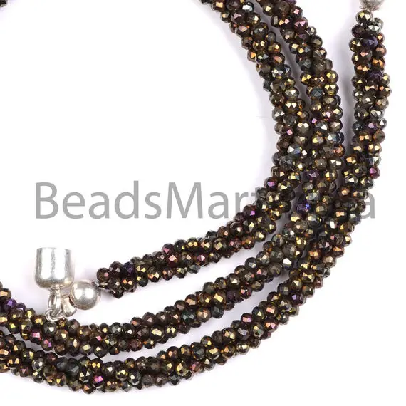 Black Spinel Mystic Faceted Rondelle Shape Bead Necklace With Silver Lock,mystic Black Spinel Machine Cut Faceted Necklace,black Spinel Bead