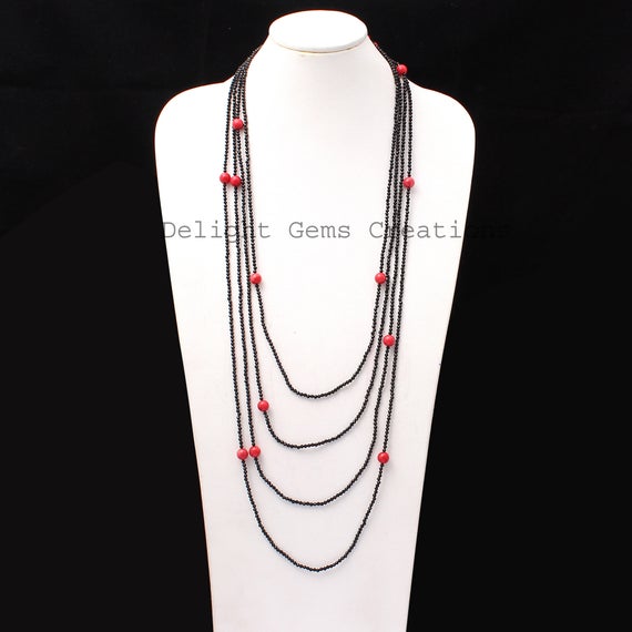 Black Spinel With Red Coral Beaded Necklace, 2mm/6.5mm Black And Red Bead Multi Layer Endless Necklace, Faceted Beads Necklace,100 Inch Long