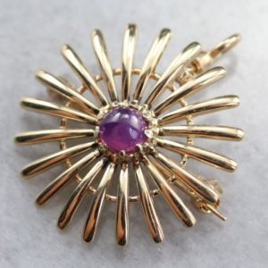 Vintage 14K Yellow Gold Pink Star Sapphire Sunburst Pin Pendant Vintage 14K Yellow Gold Pink Star Sapphire Sunburst Pin Pendant