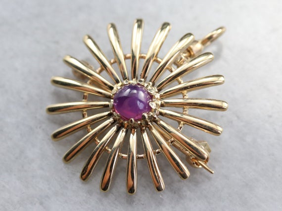 Vintage 14k Yellow Gold Pink Star Sapphire Sunburst Pin Pendant