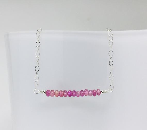 Pink Sapphire Bar Bracelet, Dainty Gemstone Stacking Bracelet In Sterling Silver, September Birthstone Gift For Her