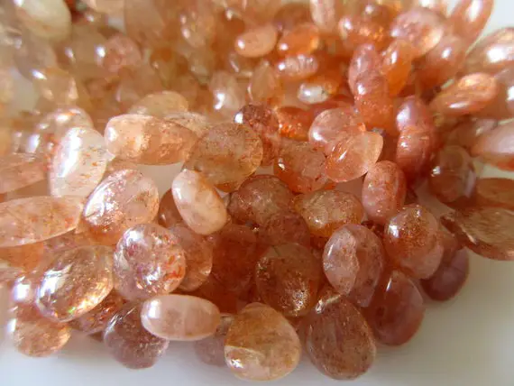 Uniform Size Natural Sunstone Smooth Pear Shaped Briolette Beads, 8 Inches Of 7x10mm Sunstone Beads, Gds754