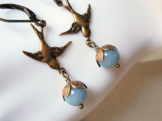 Swallow Earrings With Angelite, Birds, Angel Flight Earrings, Swallow Flower Earrings, Natural Gemstone, Long Vintage Finish Brass Earrings