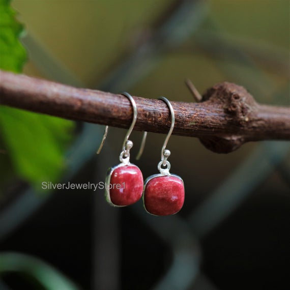 Boho Thulite Earrings: Handmade 925 Sterling Silver, 10mm Square