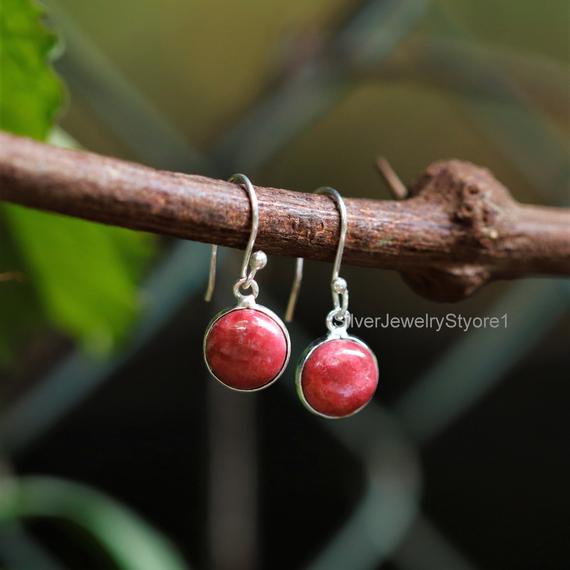 Thulite Earrings: Sterling Silver Boho Earrings, 10mm Round