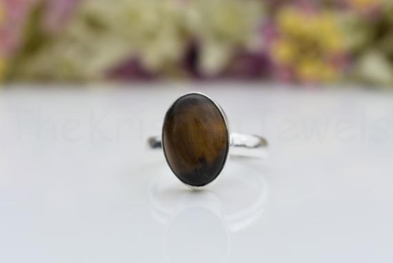 Tiger Eye Stone Ring, Sterling Silver Ring, Oval Stone Ring, Statement Ring, Cabochon Gemstone, Simple Band Ring, Natural Gemstone, Sale