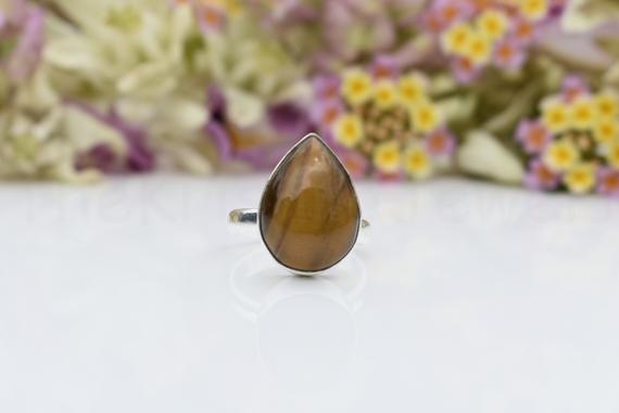 Tiger Eye Stone Ring, Sterling Silver Ring, Pear Stone Ring, Statement Ring, Cabochon Gemstone, Silver Band Ring, Natural Gemstone, Sale