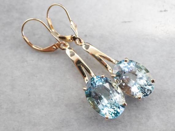 Blue Topaz Gemstone Drop Earrings, Yellow Gold Earrings, Blue Topaz Jewelry, Bridal Jewelry, Oval Stone Earrings, Birthday Gift N3vul88n