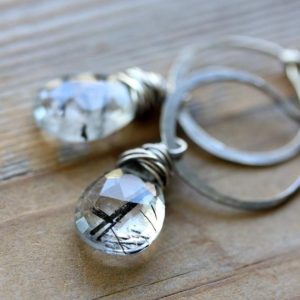 Tourmalinated  Quartz Gemstone Dangle Earrings, Sterling SIlver Hoop Earrings | Natural genuine Tourmalinated Quartz earrings. Buy crystal jewelry, handmade handcrafted artisan jewelry for women.  Unique handmade gift ideas. #jewelry #beadedearrings #beadedjewelry #gift #shopping #handmadejewelry #fashion #style #product #earrings #affiliate #ad
