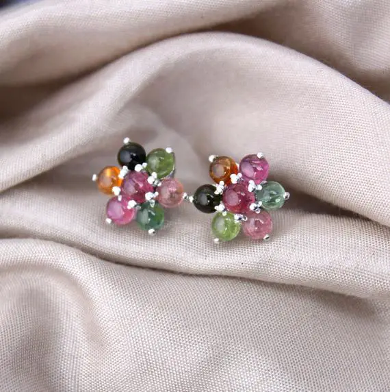 Flower Earrings, Natural Tourmaline Studs,multi Tourmaline Flower Earrings,art Deco Tourmaline Earrings-best Friend Gifts, October Gift Idea