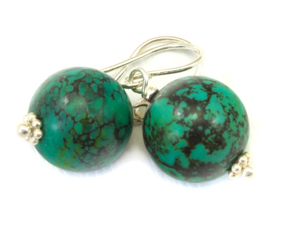 Turquoise Earrings Green Round Dangle Drops Sterling Silver Or 14k Solid Gold Or Filled Natural Veining Large Dark Veining Accents Simple