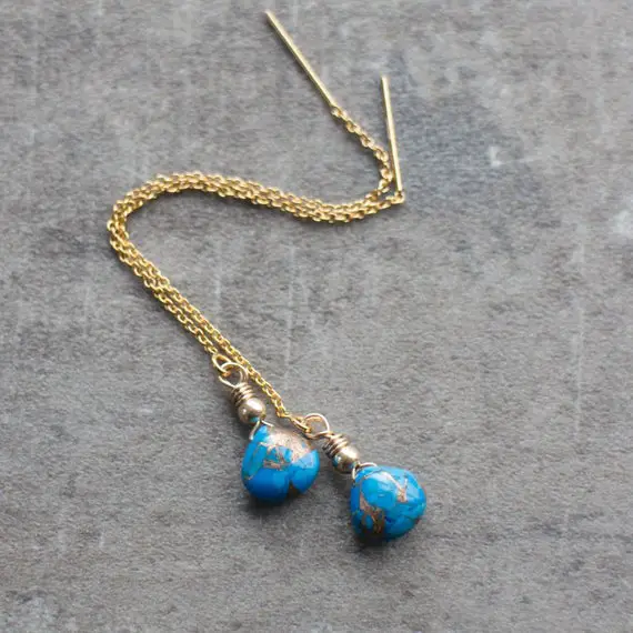 Turquoise Threader Earrings, Handmade Gift, Copper Turquoise Teardrop Earrings, Gift For Women, December Birthstone