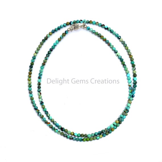 Genuine Turquoise Necklace, 2 Mm Turquoise Micro Faceted Round Beads Necklace, Green-blue Turquoise Beaded Necklace, Minimalist Necklace