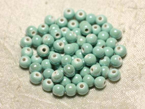 20pc - Perles Céramique Porcelaine Boules 6mm Vert Turquoise Pastel Irisé -  8741140010581