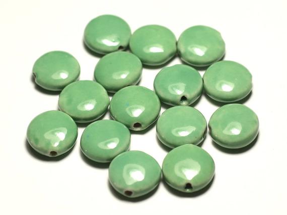 4pc - Perles Céramique Porcelaine Palets 16mm Vert Turquoise Pomme Menthe - 8741140017641