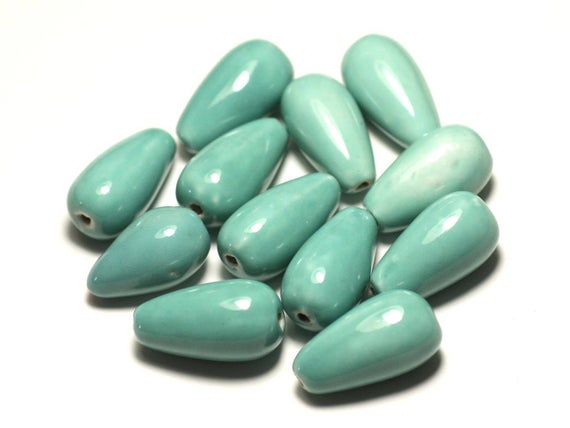 6pc - Perles Céramique Porcelaine Gouttes 21mm Vert Clair Turquoise Pastel - 8741140017269