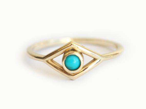 Evil Eye Ring, Turquoise Ring, 18k Gold Engagement Ring, 14k Solid Bohemian Ring, Dainty Blue Ring