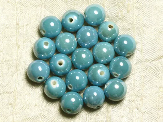 100pc - Perles Céramique Porcelaine Rondes Irisées 12mm Bleu Turquoise