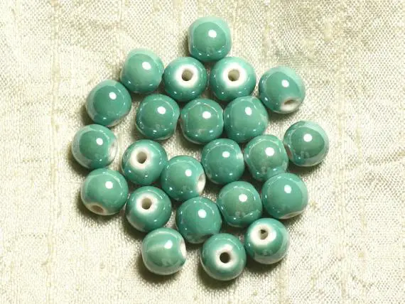 100pc - Perles Céramique Porcelaine Rondes Irisées 12mm Vert Clair Turquoise